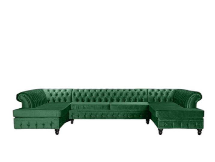 Xlmoebel Ecksofa Chesterfield Dreisitzer Exquisit Wohnraum Einrichtung Neu Stoff, Hergestellt in Europa, grün, Ottomane Links - vor dem Sofa stehend von Exquisit
