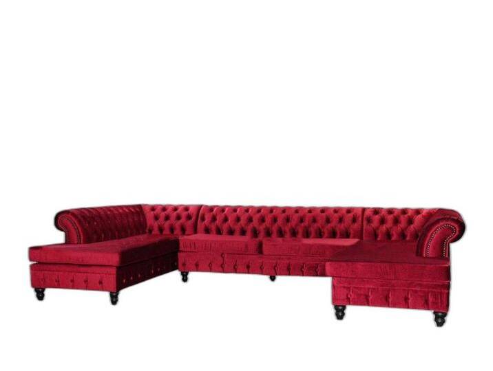 Xlmoebel Ecksofa Chesterfield Dreisitzer Exquisit Wohnraum Einrichtung Neu Stoff, Hergestellt in Europa, rot, Ottomane Links - vor dem Sofa stehend von Exquisit