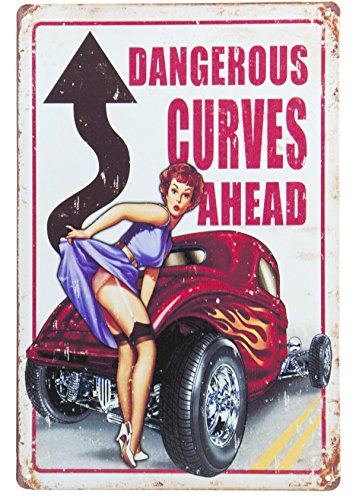 Metall-Blechschild "Dangerous Curves Ahead", Blechschild, Retro-Vintage-Blechschild von Exquisite Online