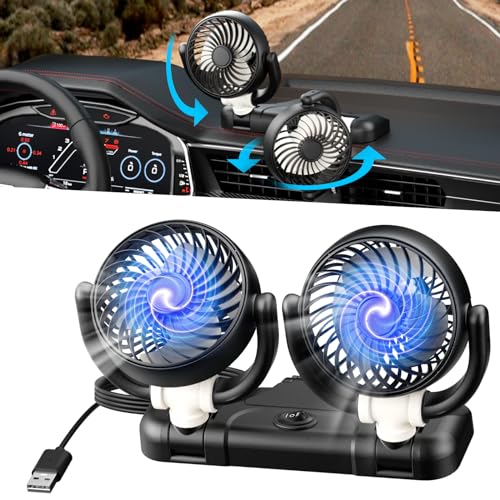 Exsivemy Auto Ventilator, USB Ventilator, 360 ° Drehbarer Doppelköpfiger Ventilator, 2 Geschwindigkeiten Doppellüfter, Autolüfter, Auto Kfz Lüfter für LKW Van SUV RV (schwarz-1) von Exsivemy