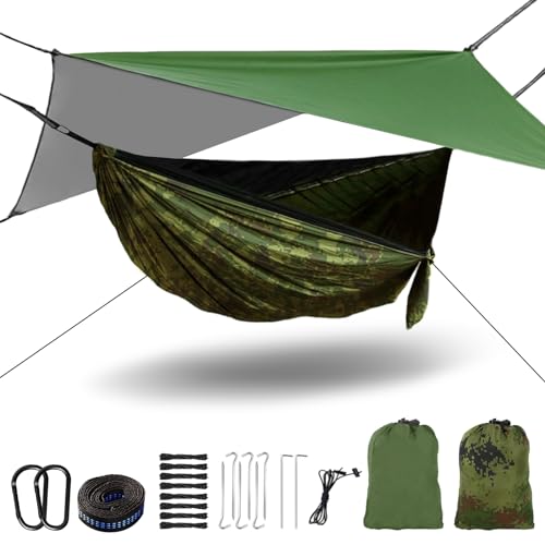 Hängematte mit Moskitonetz und 3m*3m Zeltplane Reise Camping Hängematte Outdoor Hammock 240kg Last Kapazität Ultraleichte Atmungsaktiv für Outdoor, Wandern, 290cm x 140cm von Exsivemy