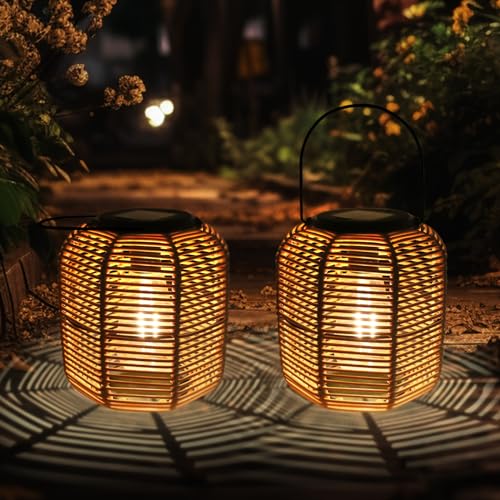 Solarlaterne für Außen Garten, 2 Stück Wetterfest Solar Rattan Laterne, Hängend/ Stehend Solarlampen, Solar Laternen für Balkon Terrasse Patio Tisch, Garten Deko von Exsivemy