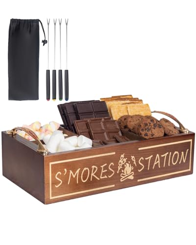 Extguds S'Mores Station mit ausgeschnittenen Griffen, Sets: 1 Smores Caddy + 4 Bratstäbchen, für Feuerstelle, perfekt für Party, Camping und Lagerfeuer, Holz, rustikal (braun) Extguds S'Mores Station mit ausgeschnittenen Griffen, Sets: 1 Smores Caddy + 4 Bratstäbchen, für Feuerstelle, perfekt für Party, Camping und Lagerfeuer, Holz, rustikal (braun) von Extguds