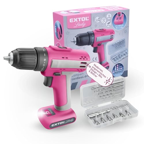 Extol Lady Akkubohrschrauber für Frauen I 12 Volt Akkuschrauber für Frauen I Bohrmaschine für Holz, Metall & Kunststoff I Akku-Bohrer mit 13er Set Bits & Bohrer I Werkzeug-Set Pink von Extol Lady