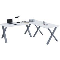 VCM Eck-Schreibtisch Lona, Tischplatten BxT 1.400 x 800 und 1.100 x 800 mm, Eckplatte BxT 800 x 800 mm, X-Füße, weiß/silber von VCM