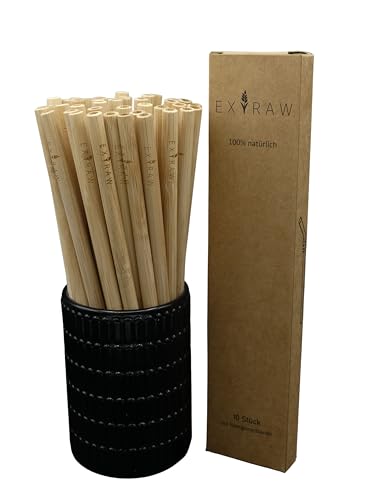 Extraw Bio-Bambus Strohhalme - 10stk Trinkhalme aus Bambus - bis zu 100mal wiederverwendbar inkl. Reinigungsbürste - 100% Biologisch abbaubar - für warme und kalte Getränke sehr robustes Material von Extraw