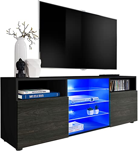 Generic ExtremeFurniture T38 TV Lowboard, Karkasse in Schwarz Matt/Front in Carbon Holz mit LED in Blau von Generic