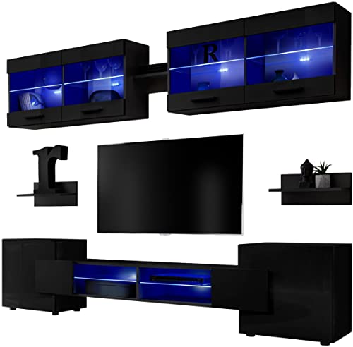 ExtremeFurniture Vision Wohnwand, Karkasse in Schwarz Matt/Front in Schwarz Hochglanz mit LED in RGB von ExtremeFurniture