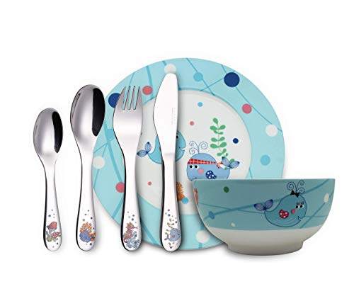 Exzact Besteck Geschenkset 6 Stücken aus Edelstahl/Kindergeschirr - 1 x Schale, 1 x Teller, 1 x Tafelmesser, 1 x Essgabel, 1 x Teelöffel und 1 x Tafellöffel - Deluxe Geschenkbox(WF712-6GFT-SEA) von Exzact