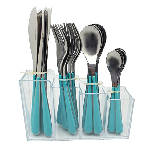 EXZACT Besteck mit Ständer/ 24 STK Rostfrei Stahl Besteck Set in Einem Plastikhalter - Farbige Griffe - 6 x Gabeln, 6 x Messer, 6 x Löffel, 6 x Teelöffel- Blau (EX153 x 24) von Exzact