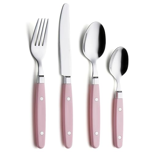 EXZACT Besteckset 24-teilig Edelstahl - mit Niet-Bastelgriffen/Besteck im Retro-Stil - 6 x Essgabeln, 6 x Essmesser, 6 x Esslöffel, 6 x Teelöffel - 6 (Helles Rosa) von Exzact