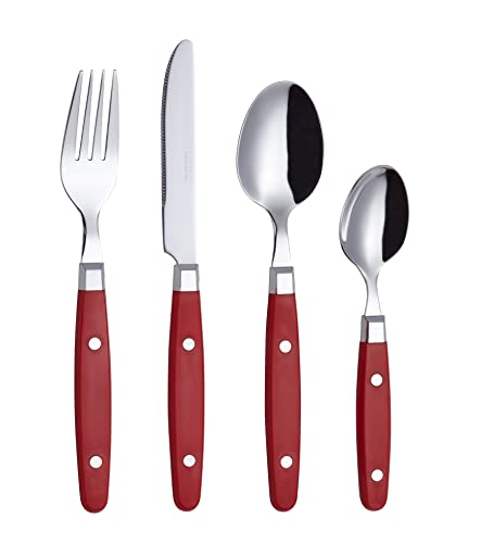 EXZACT Besteckset 24-teilig Edelstahl - mit Niet-Bastelgriffen/Besteck im Retro-Stil - 6 x Essgabeln, 6 x Essmesser, 6 x Esslöffel, 6 x Teelöffel - 6 (Rot) von Exzact