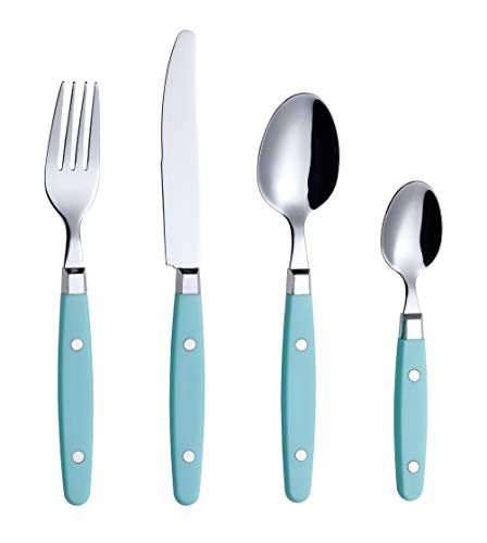 EXZACT Besteckset 24-teilig Edelstahl - mit Niet-Bastelgriffen/Besteck im Retro-Stil - 6 x Essgabeln, 6 x Essmesser, 6 x Esslöffel, 6 x Teelöffel - 6 (Türkis) von Exzact