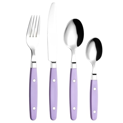 EXZACT Besteckset 24-teilig aus Edelstahl – mit Nietengriffen/Besteck im Retro-Stil – 6 x Tafelgabeln, 6 x Tafelmesser, 6 x Tafellöffel, 6 x Teelöffel – für 6 Personen (Flieder) von Exzact
