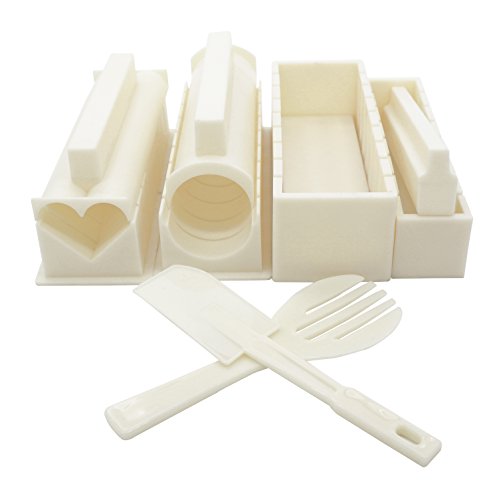 Exzact EX-SM10 Sushi Kit 10 teilig/Reis-Form - 5 Einzigartige Formen - Herz, Rund, Pyramide, Quadrat/DIY Japanische Küche zu Hause/Einfach und lustig - Creme Weiß von Exzact