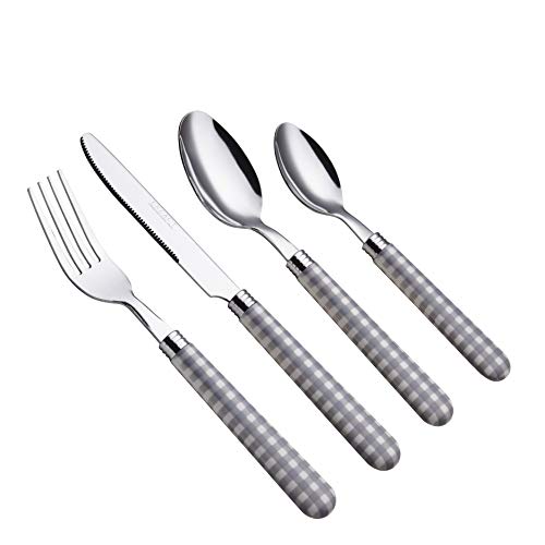 EXZACT Edelstahl-Besteck Set 24 Stück - Gingham Farbige Griffe - 6 x Tafelgabeln, 6 x Tafelmesser, 6 x Abendessen Löffel, 6 x Teelöffel (24 x Grau) von Exzact