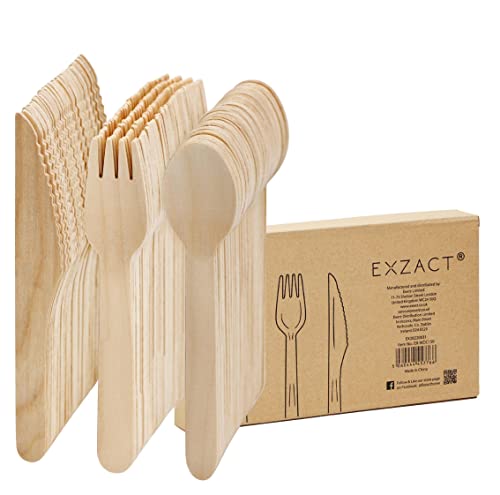 EXZACT Einwegbesteck aus Holz, 150 Stück, recycelbar, Partygabeln und Löffel, Camping, Reisen und Grillen, stark, von Exzact