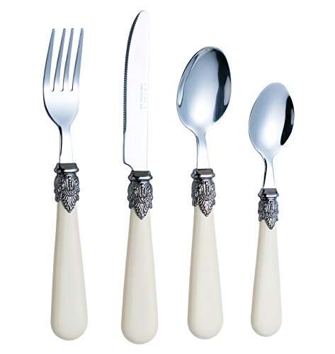 EXZACT Elfenbein Creme Besteck Set 24 Stück, Edelstahl mit detaillierten Griff, traditionelle, elegante, Vintage Stil/Antiquität (WF28-24CRM) von Exzact