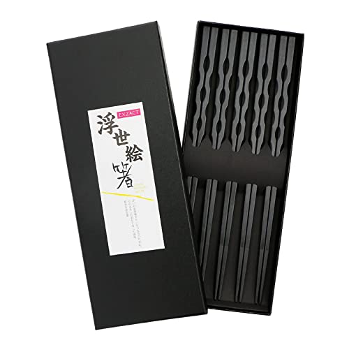 EXZACT Essstäbchen-Set Luxus-Glasfaser im japanischen Stil - 5 Paar wiederverwendbare Essstäbchen in schöner handgefertigter Geschenkbox - hitzebeständig, spülmaschinenfest - SCHWARZE Meereswelle von Exzact