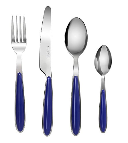 Exzact Rostfrei Stahl Besteck Set einem Plastikhalter 16 PCS - Farbige Griffe - 4 Gabeln, 4 Messer, 4 Löffel, 4 Teelöffel - Blau (EX07 x 16) von Exzact