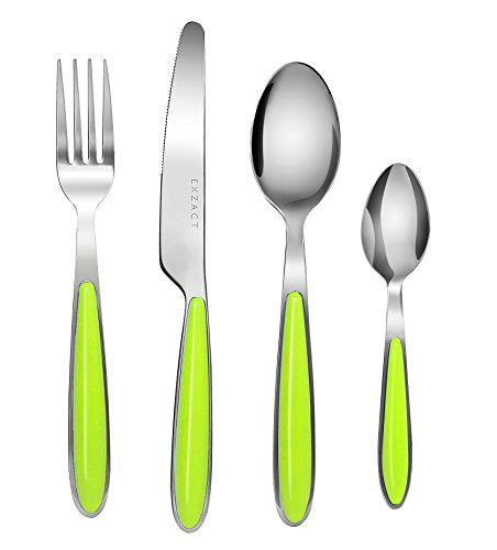 EXZACT Rostfrei Stahl Besteck Set einem Plastikhalter 16 PCS - Farbige Griffe - 4 Gabeln, 4 Messer, 4 Löffel, 4 Teelöffel - Grün (EX07 x 16) von Exzact