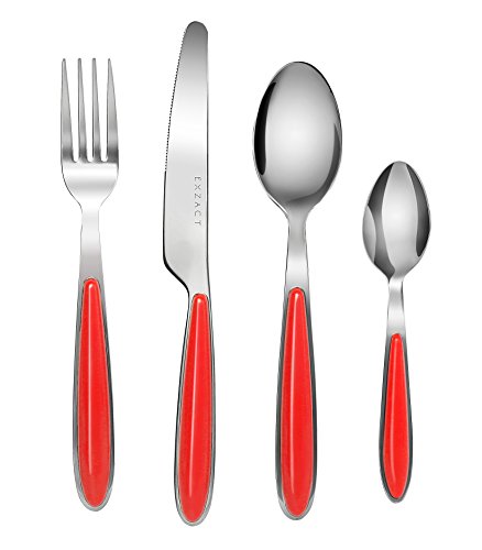 EXZACT Rostfrei Stahl Besteck Set einem Plastikhalter 24 PCS - Farbige Griffe - 6 Gabeln, 6 Messer, 6 Löffel, 6 Teelöffel - Rot (EX07 x 24) von Exzact