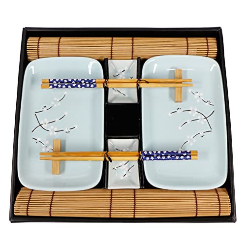 Exzact 10-teiliges Sushi-Set – 2 x Sushi-Teller, 2 x Dip-Schalen, 2 x Bambus-Tischsets, 2 x Bambus-Essstäbchen, 2 Paar Essstäbchen – hochwertiges Porzellan - in Geschenkbox – Blau von Exzact