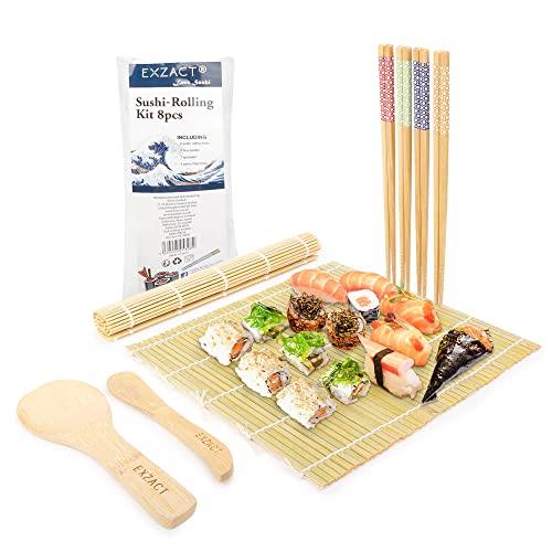 Exzact Bambus Sushi-Rollen Kit 8-Teiliges Set - 2 x Matten, 1 x Reis Paddel, 1 x Reisverteiler, 4 Paar Essstäbchen - 100% natürlich (SR-08) von Exzact