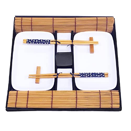 Exzact EX-SG 10 Stück Sushi Set - 2 x Sushi Teller, 2 x Dip Schüsseln, 2 x Bambus Sushi Rollmatten, 2 x Bambus Stäbchen Rests, 2 Stäbchen Stäbchen - Schön präsentiert in einer Geschenkbox von Exzact