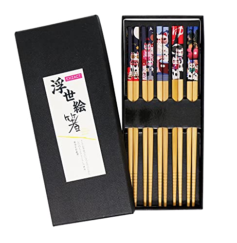 EXZACT Essstäbchen-Geschenkset - 5 Paar Wiederverwendbare Natürliche Bambus-Essstäbchen In Einer Schönen Schwarzen Handgefertigten Schachtel - Dekorierter Japanischer Glückskatzen- / Glückskatzenstil von Exzact