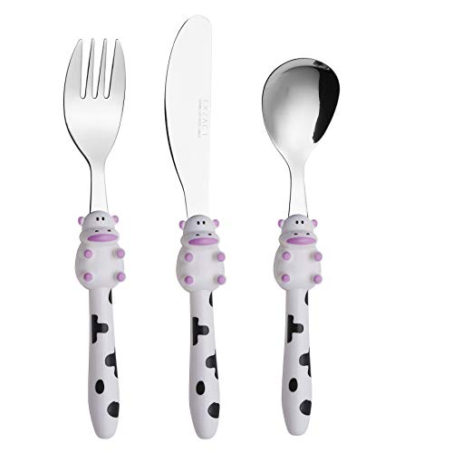 Exzact Kinderbesteck 3 teiliges aus rostfreiem Stahl/spülmaschinengeeignet Kinderbesteckset - 1 x Gabeln, 1 x Menuemesser, 1 x Abendessen Löffel (Kuh x 3) von Exzact