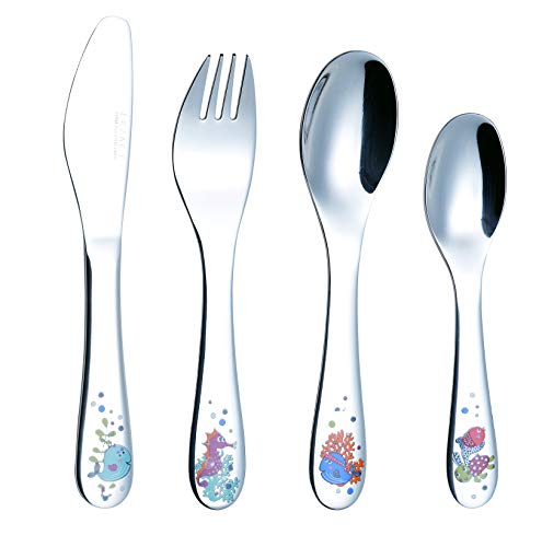 Exzact Kinderbesteck 4 Stück aus Edelstahl - 1 x Tafelmesser, 1 x Tafelgabel, 1 x Teelöffel und 1 x Tafellöffel. - unabhängige Designer-Serie. Bezaubernde Meerestiere, spiegelpoliert. (WF712-4SEA) von Exzact