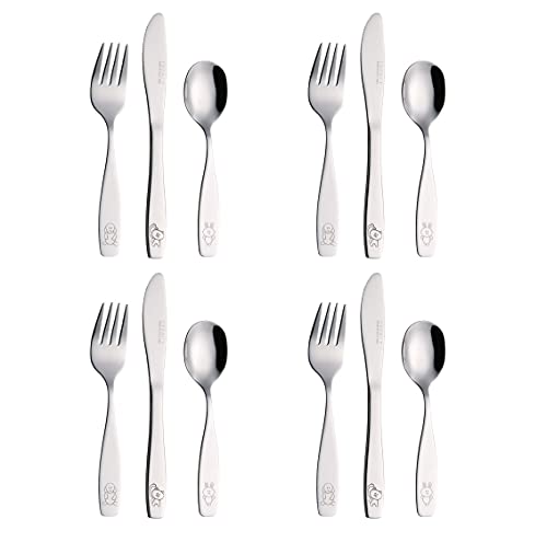 Exzact Kinderbesteck Edelstahl 12-teiliges Set - 4 x Gabeln, 4 x Messer, 4 x Löffel (Hund Katze Bunny) von Exzact