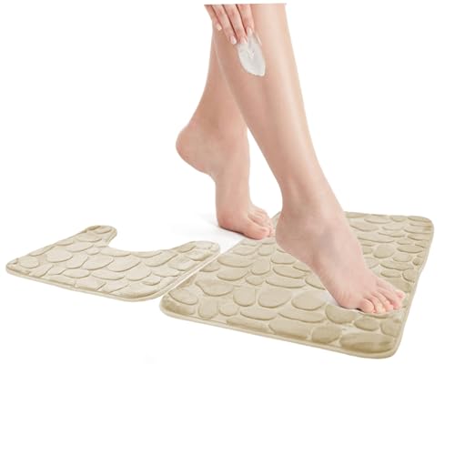 Eyccier 2pcs Badematte Set Nicht-Schlupfbad und Sockelmatten Set Badezimmer Teppich Set Waschbar Badmatten für Badezimmerzubehör Beige von Eyccier