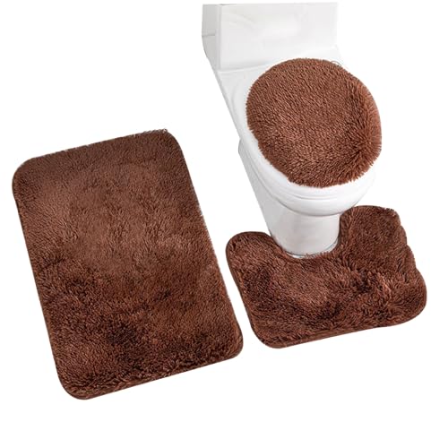 Eyccier Badeteppichsets 3-teilige Badezimmer Matte Set Bad Matte, u, Toilettensitzabdeckung weiche 3-4 cm Plüschwasser absorbierende Nicht-Schlupf-Toilettenset für Badezimmerdekor Kaffeefarbe... von Eyccier