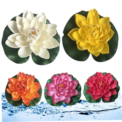 Eyccier Künstliche Lotusblume 5pcs 7, 09 Zoll schwimmendem Lotus Blumen Teichdekor 5 Farben Realistische Wasserlily Blumenschmuck für Poolaquarium Dekor Style2 von Eyccier