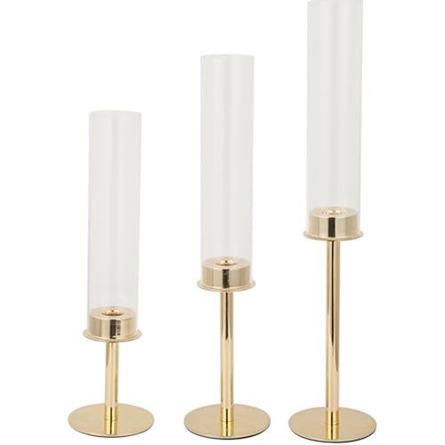 Hurricane Kerzenhalter, 3PCS 14 17 19 Windschutz Glasverjüngungs -Kerzenhalter mit langem Stiel, dekorativer Goldener für Hochzeit, Abendessen, Jubiläumsfeier Tischplatte von Eyccier