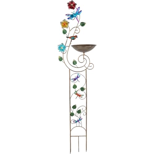 Vogelbad mit Garten Gitter 2-in-1 Metall Vogelwasserfuttermittel mit Abnehmbarer Schüssel Retro kleine Gartenpflanze Unterstützung für Outdoor-Dokumentationen, Libellefly von Eyccier