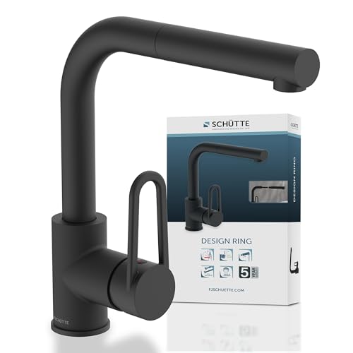 SCHÜTTE DESIGN RING Küchenarmatur, Wasserhahn Küche ausziehbar mit Energie-und Wassersparfunktion, Mischbatterie mit Einhebelmischer für die Spüle, Schwarz Matt 26239 von Schütte