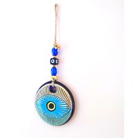 Handgemachter Wandbehang Aus Glas Mit Bösem Blick, Blau Und Gelb, Handbemalter Glasanhänger Glücksamulett Handgemachter Wandbehang Aus Glas Mit Bösem Blick, Blau Und Gelb, Handbemalter Glasanhänger Glücksamulett von EyeLikeItShop