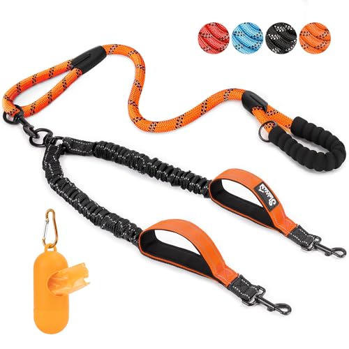 Eyein Doppelleine für 2 Hunde, Hundeleine für kleine und mittelgroße Hunde, Flexible und reflektierende verhedderungsfreie Hundeleine (Orange, 3 Griffe - L (Gesamtgewicht 11-68kg)) von Eyein