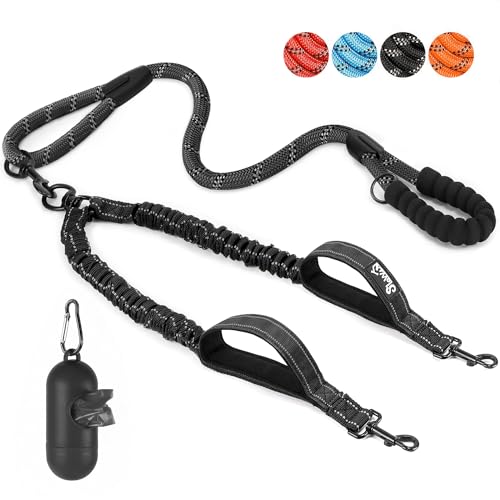 Eyein Doppelleine für 2 Hunde, Hundeleine für kleine und mittelgroße Hunde, Flexible und reflektierende verhedderungsfreie Hundeleine mit 3 gepolsterten Griffen für Hund von 3 bis 16 kg (Schwarz) von Eyein