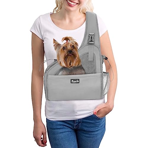 Eyein Hundefreundlich Tragetücher Hunde, Hände frei Reisetasche für kleine Haustiere mit verstellbaren Trägern Hartfaserplattenboden Sicherheitsgurt, für Hunde unter 3kg Verbreiterte Version, grau von Eyein