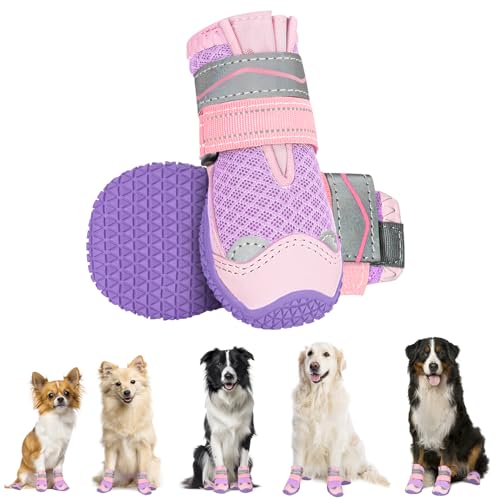 Eyein Hundeschuhe Pfotenschutz, 2 Stück atmungsaktiv Hundeschuhe mit Rutschfester Sohle und reflektierendem Klettverschluss für kleine, mittlere und große Hunde, Sport im Freien, Lila, Größe 7 Eyein Hundeschuhe Pfotenschutz, 2 Stück atmungsaktiv Hundeschuhe mit Rutschfester Sohle und reflektierendem Klettverschluss für kleine, mittlere und große Hunde, Sport im Freien, Lila, Größe 7 von Eyein