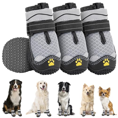 Eyein Hundeschuhe Pfotenschutz, 4 Stück atmungsaktiv Hundeschuhe mit Rutschfester Sohle und reflektierendem Klettverschluss für kleine, mittlere und große Hunde, Sport im Freien, Grau, Größe 2 von Eyein