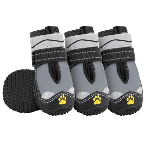 Eyein Hundeschuhe Pfotenschutz, 4 Stück Wasserabweisend Hundeschuhe mit Rutschfester Sohle und reflektierendem Klettverschluss für kleine, mittlere und große Hunde, Sport im Freien, Grau, Größe 3 von Eyein