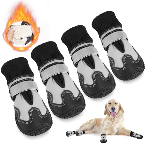 Eyein Hundeschuhe Pfotenschutz Winter, 4 Stück wasserdicht Hundeschuhe mit warmem Fleece und hohem Design, rutschfeste Hunde Schuhe Outdoor mit reflektierendem Klettverschluss, Größe 7 von Eyein