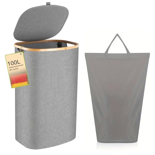 Wäschekorb -100L Waschbarer und hygienischer Groß Wäschesammler schmal mit herausnehmbarem Wäschesack-Wäschekorb mit Deckel & Bambusrand - Wäscheboxen - waschkorb (Grau) von Eyeleaf