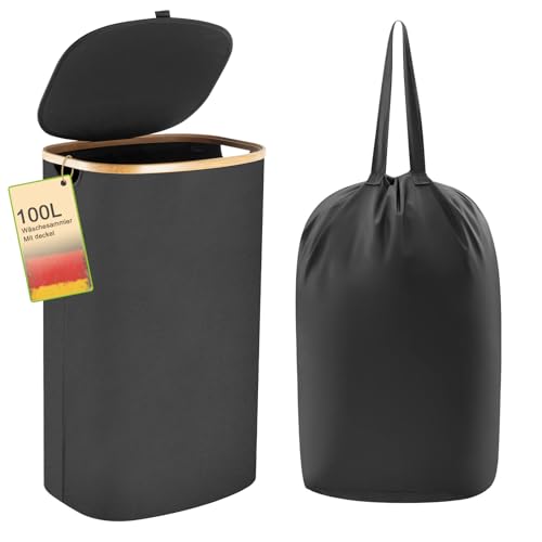 Wäschekorb -100L Waschbarer und hygienischer Groß Wäschesammler schmal mit herausnehmbarem Wäschesack-Wäschekorb mit Deckel & Bambusrand - Wäscheboxen - waschkorb (Schwarz) von Eyeleaf