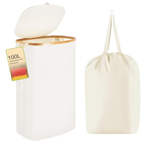 Wäschekorb -100L Waschbarer und hygienischer Groß Wäschesammler schmal mit herausnehmbarem Wäschesack-Wäschekorb mit Deckel & Bambusrand - Wäscheboxen - waschkorb (Weiß) von Eyeleaf